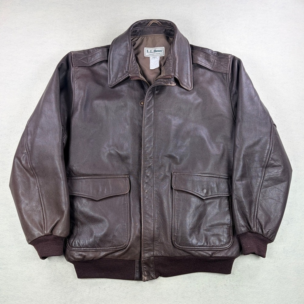 LL Bean Mens XL Brown Leather Bomber Flight Jacket Vintage A-2 Style Insulated
